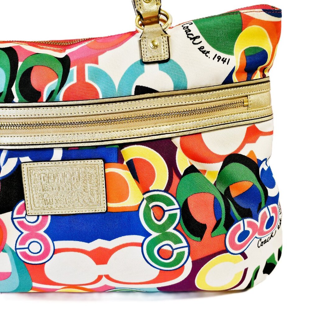 Coach Poppy Rare Vintage Bright Multicolor Gold Accents Purse Tote Style #F20080 - Picture 3 of 16